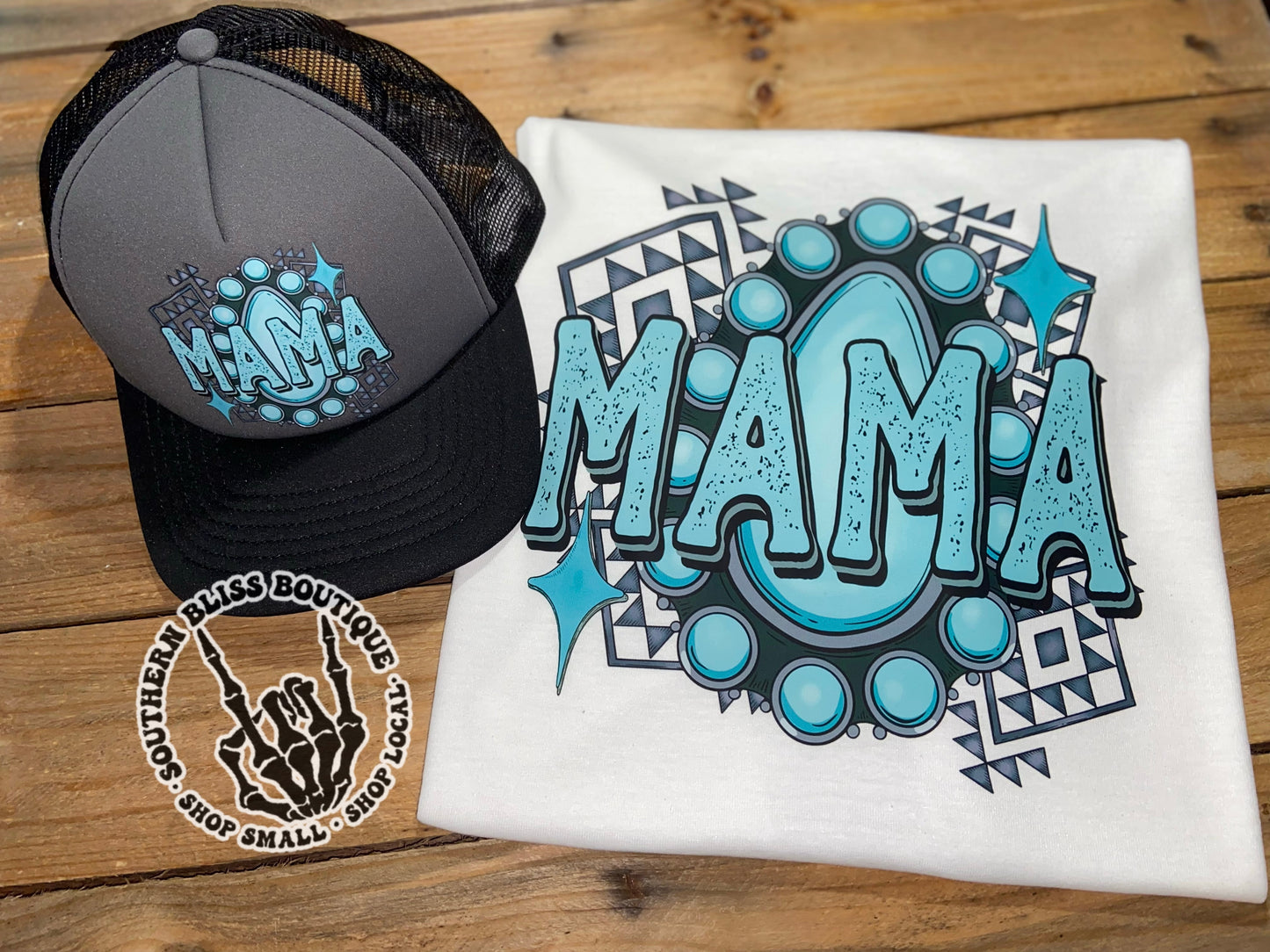 Mama Turquoise Punchy Cow Print Brim Trucker Hat