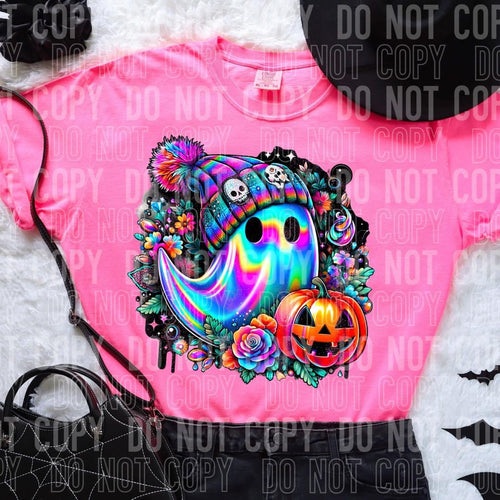 Beanie Wearing Holographic Ghost Halloween T-shirt