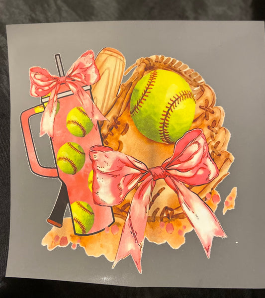 Softball Pink Tumbler and Bow DTF Trucker Hat Patch Only