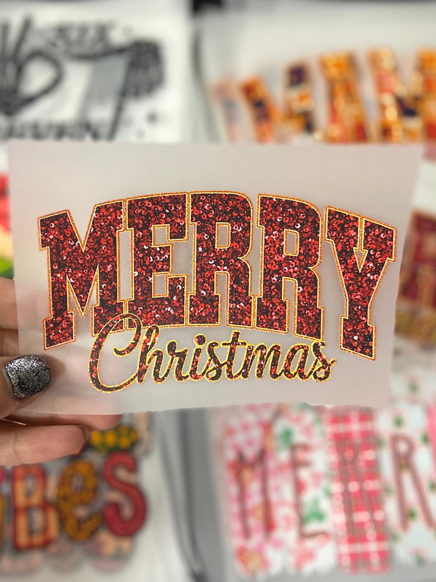 Merry Christmas Red Glitter DTF Trucker Hat Patch Only